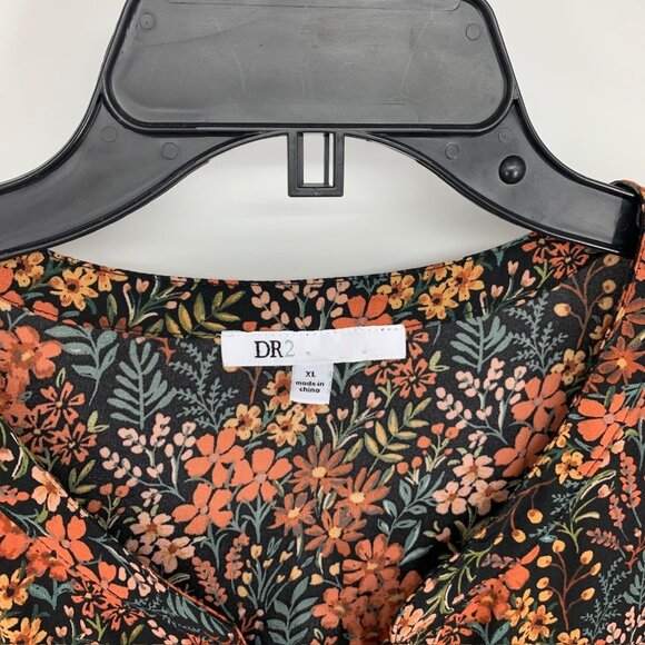 DR2 Top Black Floral Print Roll Tab Long Sleeve V Neck Button Popover - Picture 3 of 9